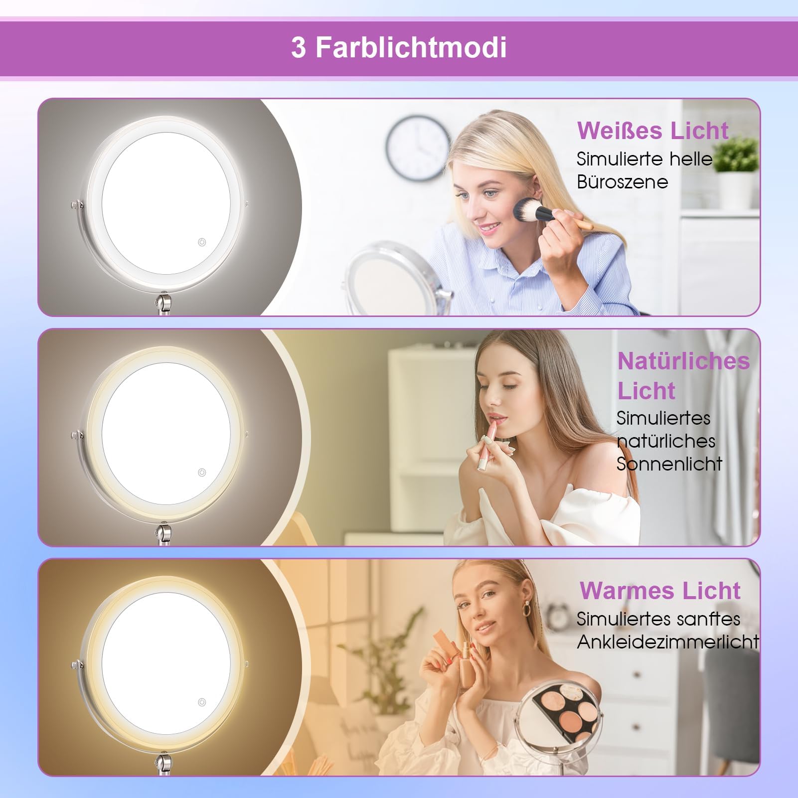 Ejoyous 9-calowe lusterko do makijażu z oświetleniem, lusterko kosmetyczne z oświetleniem 5x/1x lusterko do ładowania dwustronne lusterko powiększające składane sterowanie dotykowe