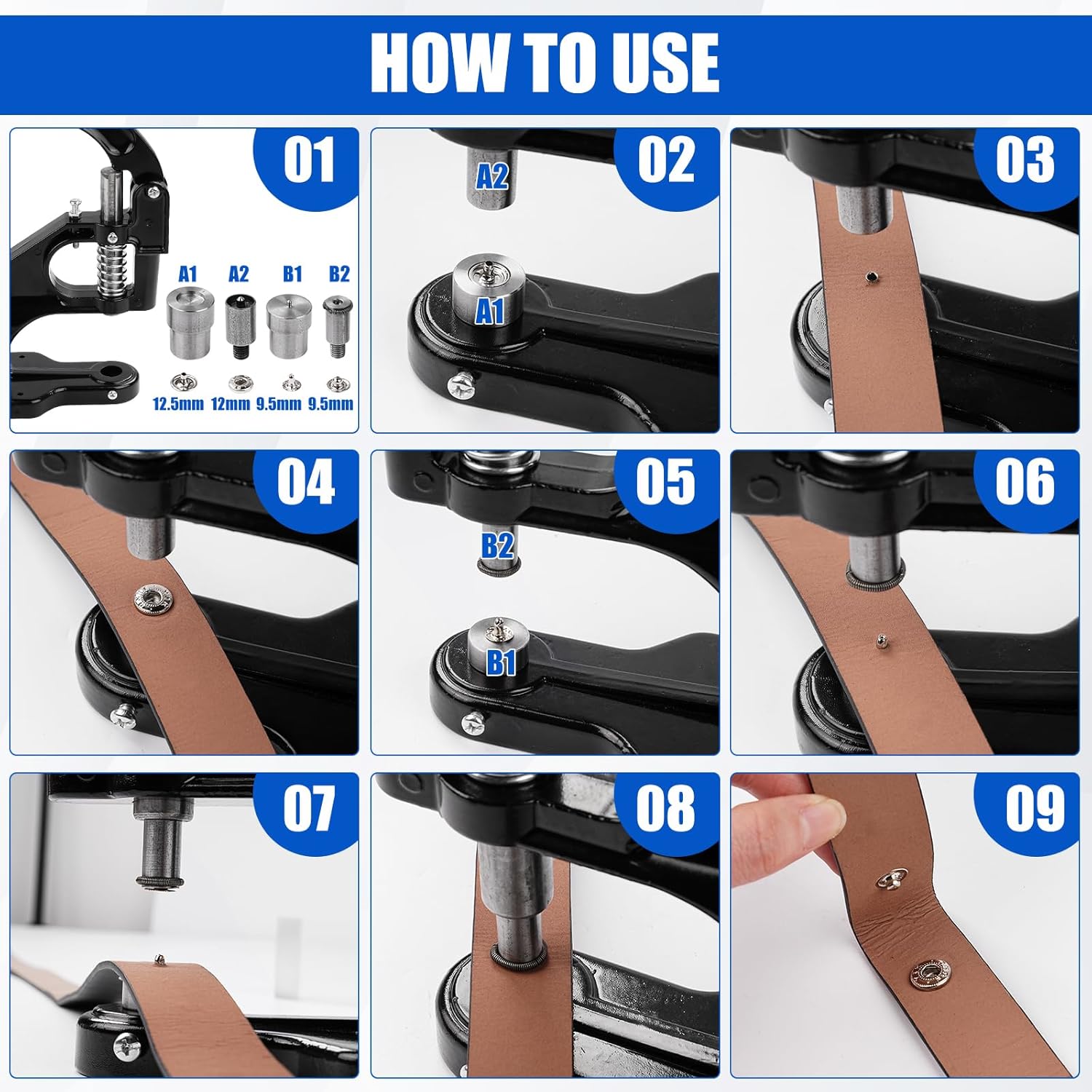 Manual Rivet Press Set, Hand Press Snap Riveter Eyelet Installation Tool for Buttons, Rivets & Eyelets on Leather Fabric (6/8/10mm) with 3 Snap Dies, 3 Rivet Dies, 325 Accessories