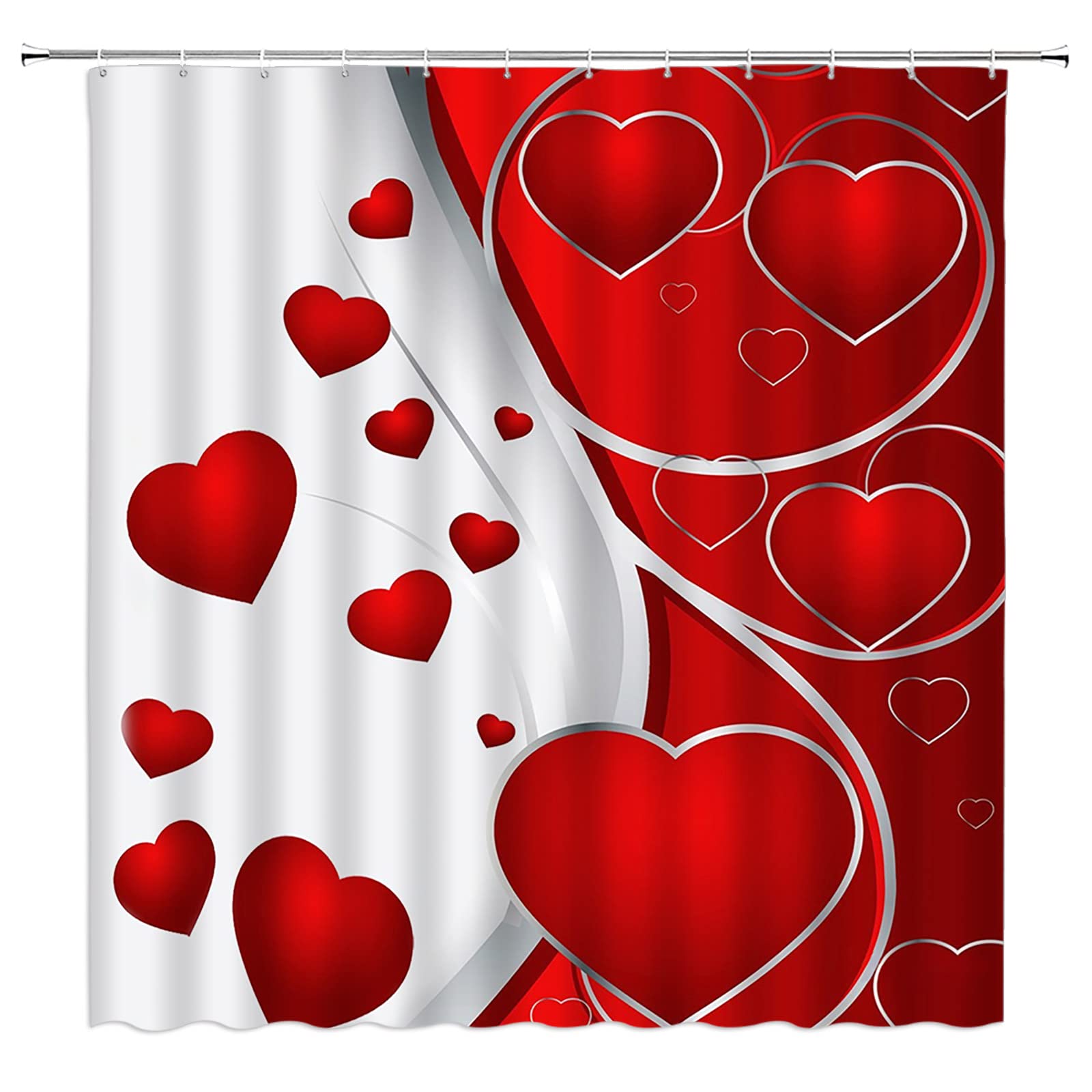AMHNF Valentine's Shower Curtain Red Heart Romantic Abstract Floral Love Lover Couple Creative Bathroom Decor Fabric Curtain with Hooks