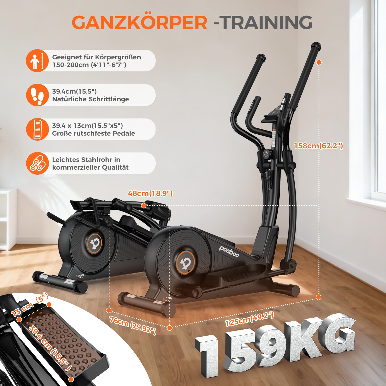pooboo Elliptischer Crosstrainer 16-stufiger Widerstand hyperleises Magnetleitsystem LCD-Monitor 15,5 Zoll Schrittlänge