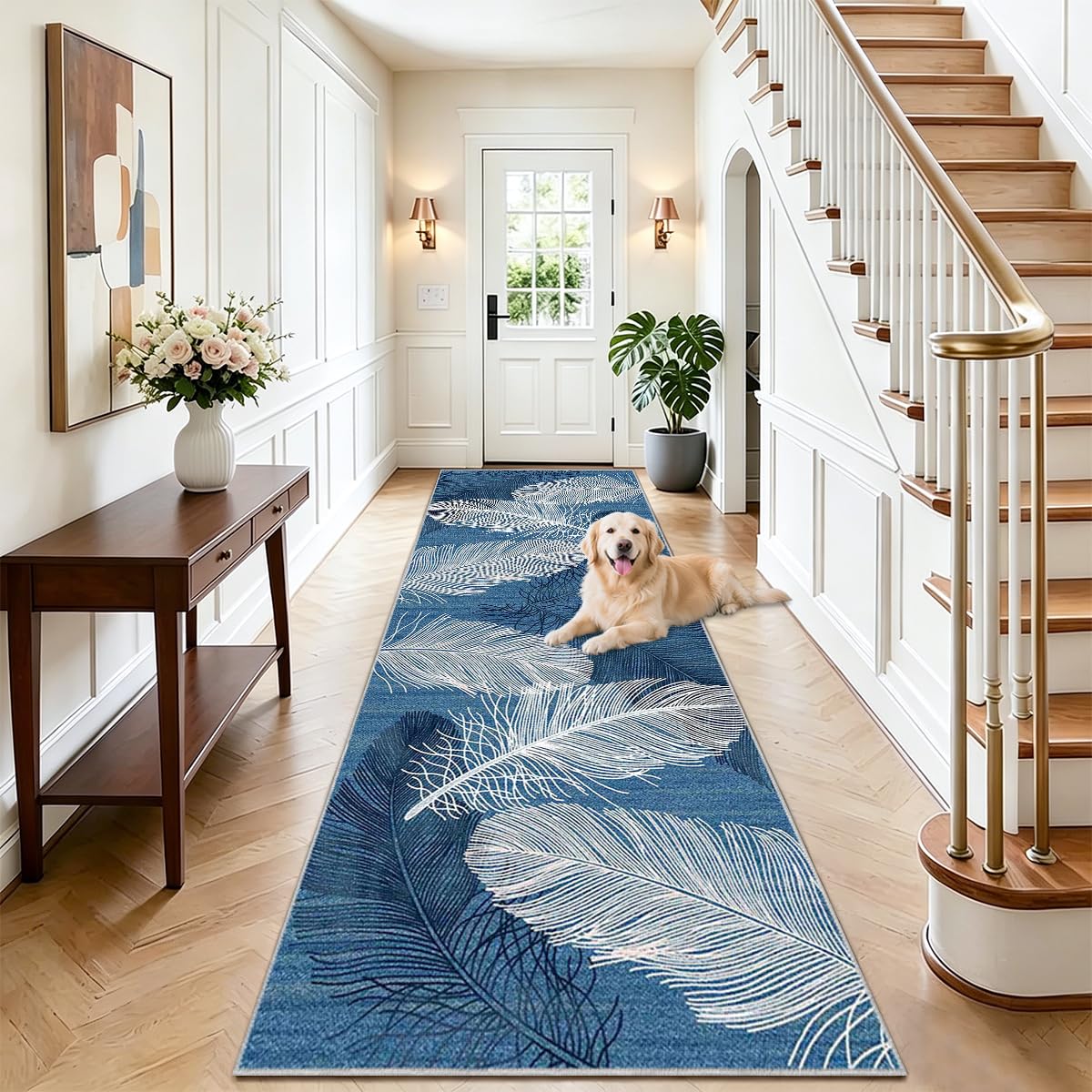 AYHSMNOU Long Runner Rugs for Hallway Non Slip Hallway Runner Rug 120 x 450cm Extra Long Washable Kitchen Runners Entryway Rug Carpet Runner for Kitchen Doorway Laundry Room Blue