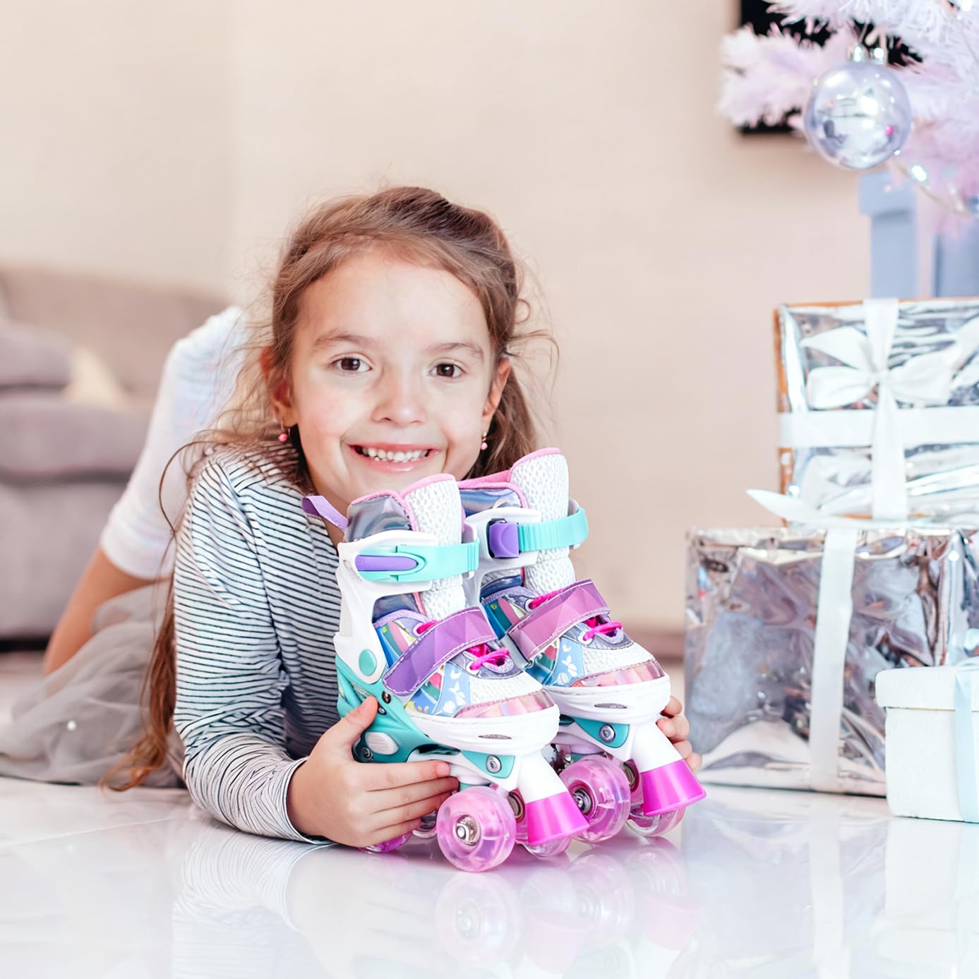 Patines de ruedas para niños de 5, 6, 8, 12 años, 4 tamaños, ajustables, para niñas y niños pequeños, con ruedas iluminadas, para interiores y exteriores, color rosa 6