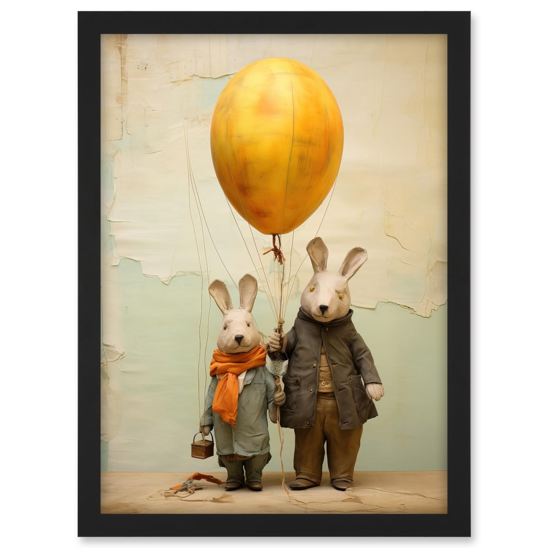 Artery8 Cute Nursery Artwork Rabbits and Balloon Adventure Oil Painting Artwork Framed A3 Wall Art Print