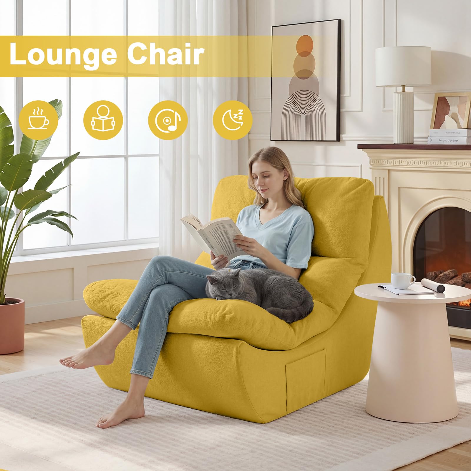 Poltrona Pouf con Cuscino in Memory Foam, Bean Bag per Adulti,Divano da letto Boneless,Sedia da Lettura e Relax per Camera da Letto e Soggiorno, Giallo