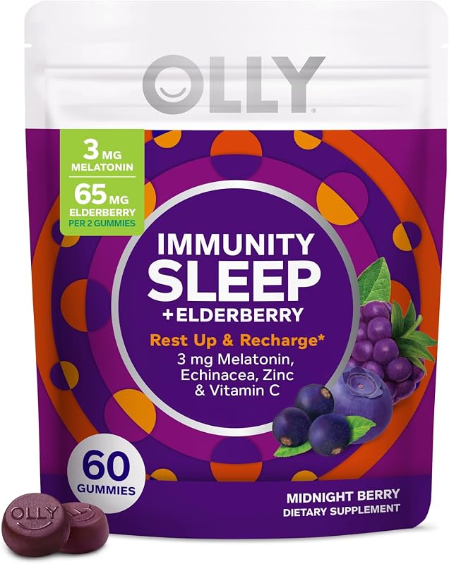 OLLY Immunity Sleep Gummy, apoyo inmunológico y para dormir, 3 mg de melatonina, equinácea, zinc, vitamina C, suplemento masticable, baya de medianoche - 60 unidades
