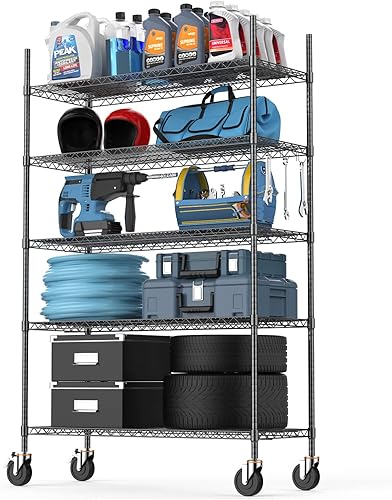 Miniatura 3 de Luxspire Estantería de alambre de 5 niveles con ruedas de 48 x 18 x 72 pulgadas estante de almacenamiento ajustable de grado comercial certificado