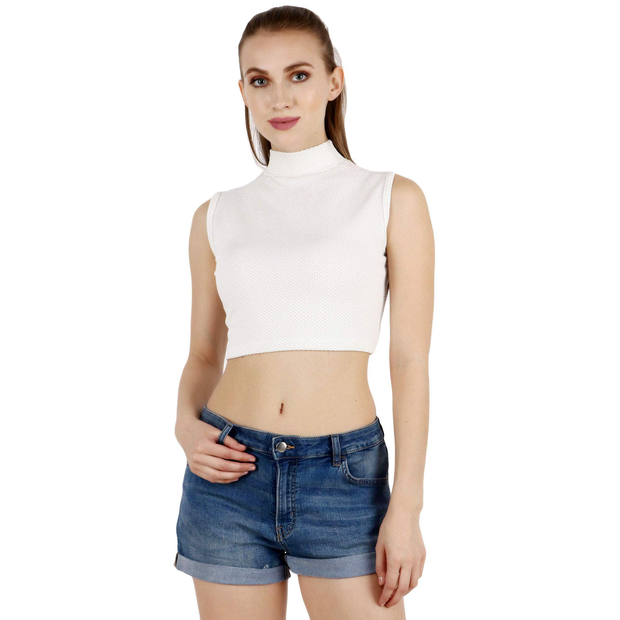 Popwings Women's Polyester Solid Sleeveless Blouse (Bpopt00787_White_M)