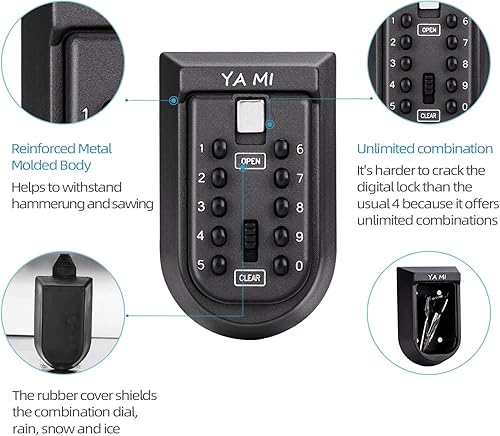Miniatura 3 de Caja de seguridad para llaves montada en la pared impermeable al aire libre exterior - Caja de bloqueo de almacenamiento de llaves de uso doméstico,