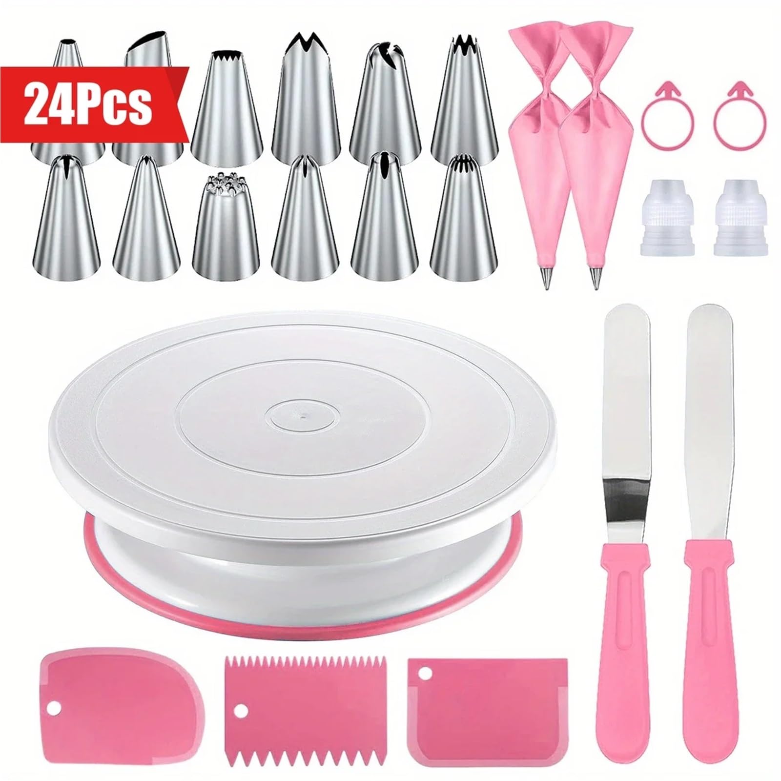 Kit De DecoracióN De Tartas Set de decoración Pasteles: Base giratoria Antideslizante con 12 boquillas, raspadores y Herramientas for repostería Profesional para Tartas(24PCS-Pink)
