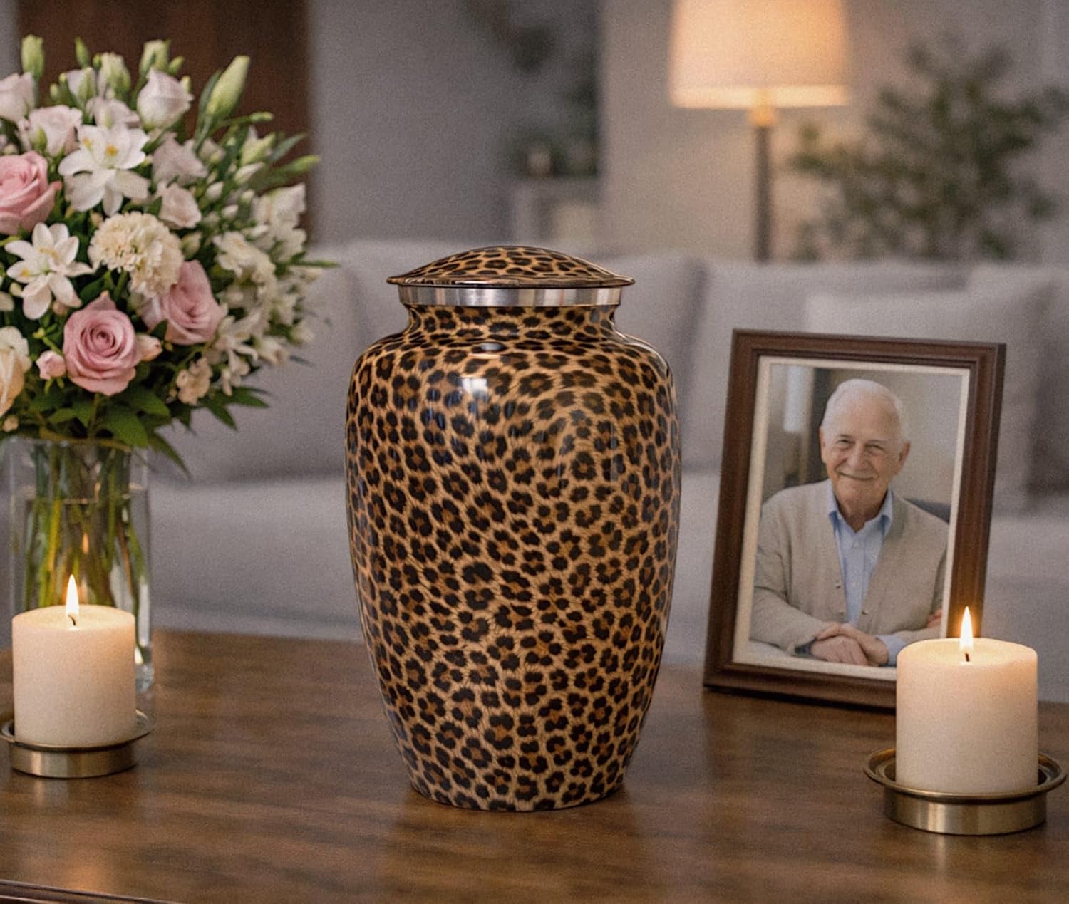 Leopard Print Cremation Urn for Human Ashes Set of 3 – Large Adult Funeral and Memorial Urn with 2 Keepsake Mini Urns – Decorative urn for Burial or Home Display Included Valvet Bag