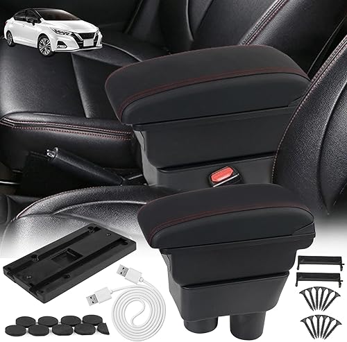 Miniatura 1 de BHB Caja de reposabrazos para consolas compatible con Nissan Almera Versa 2016-2019, caja de consola central, caja de reposabrazos de carga USB,