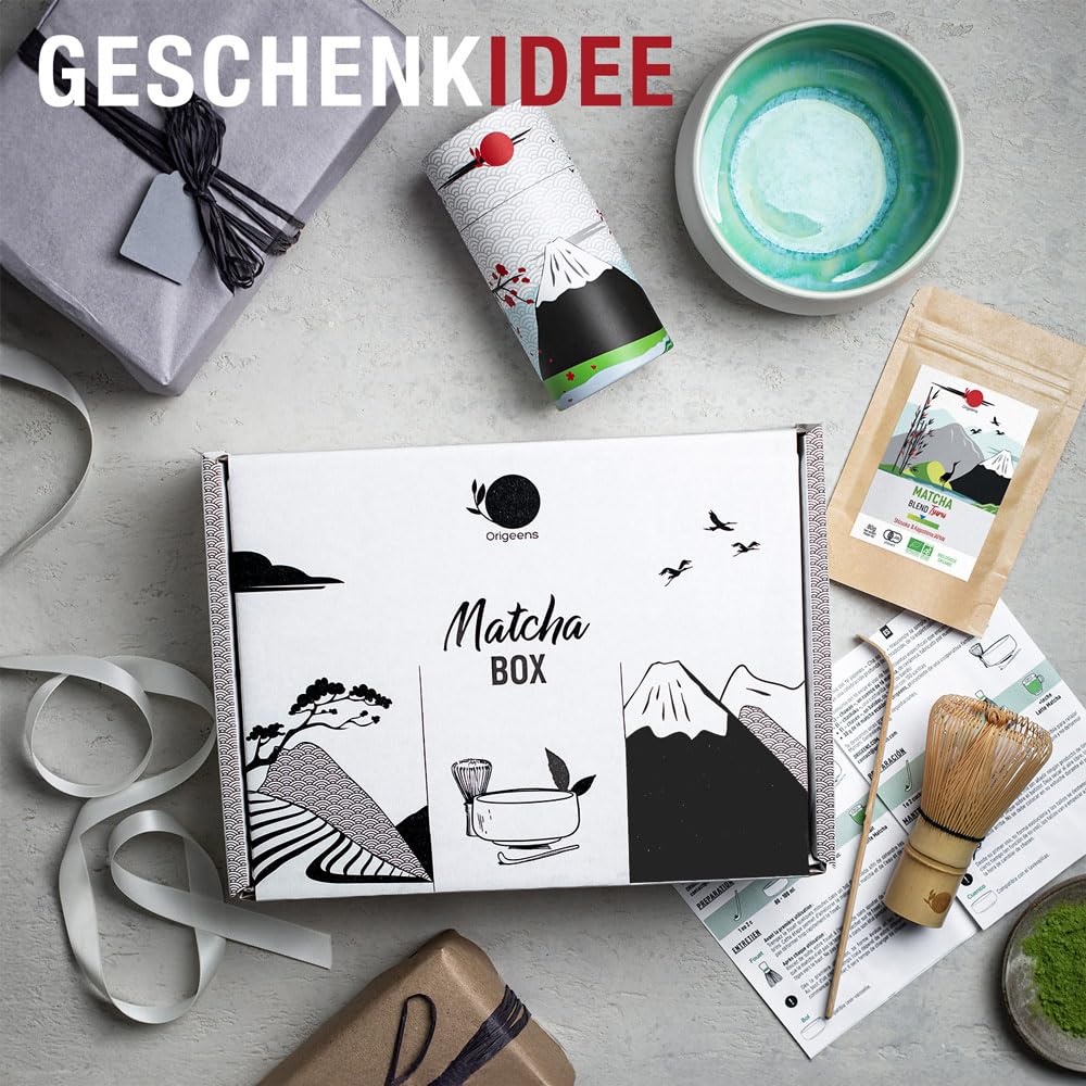 ORIGEENS MATCHA SET MIT PULVER "JADE" - Handgefertigte Matcha-Schale (Portugal), Matcha-Besen, Bambuslöffel, BIO Matcha-Tee aus Japan - Matcha Tee Set für Teezeremonie, Geschenkset