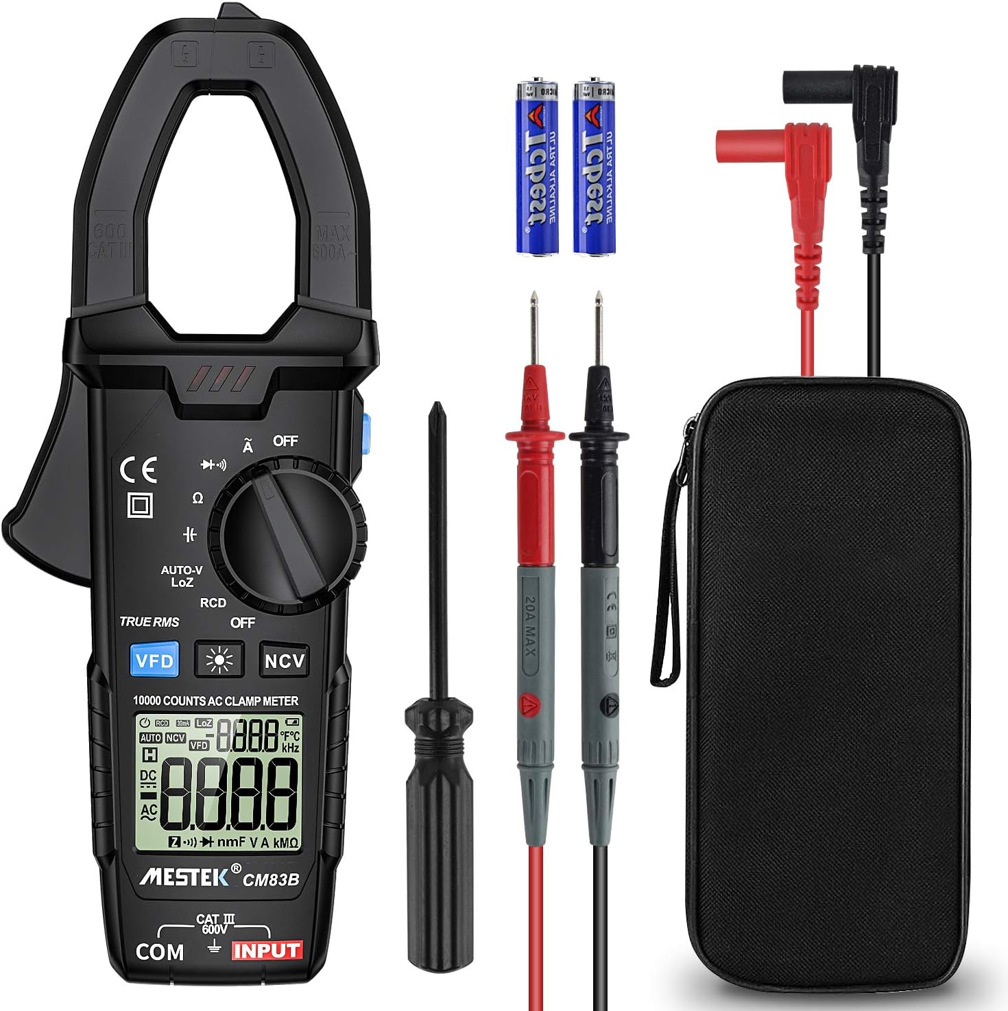 Digital Clamp Meter Multimeters MESTEK AC Current AC DC Voltage Voltmeter Autoranging Electrical Amp Ohm Hz Volt Diode Resistance 9999 Counts NCV VFC Automotive HVAC Clamping Battery Tester Probe Case