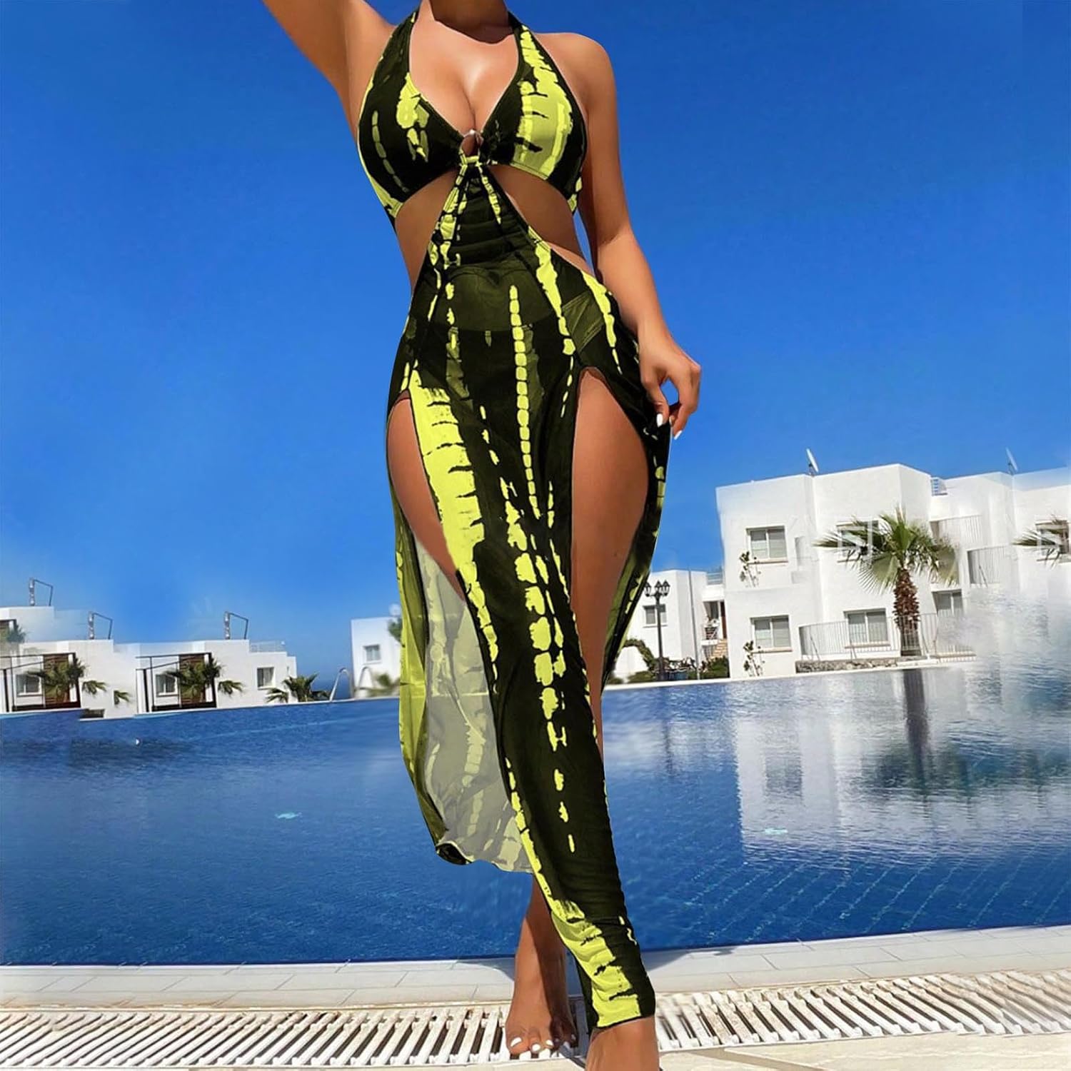 Womens Swimsuit Three Piece Bathing Suits Tie Dye Halter Mesh 2026 Sexy Swimwear Dressy Cover Up Dress for Ladies