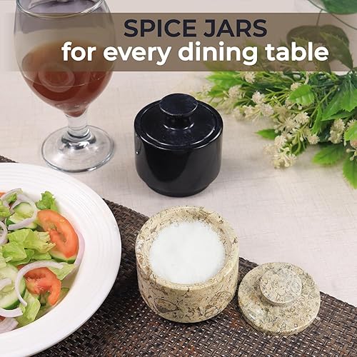 Miniatura 47 de Bodega de sal de mármol con tapa de 3 pulgadas, cuencos de sal y pimienta de ónix blanco y verde, almacenamiento en el hogar, recipiente de sal