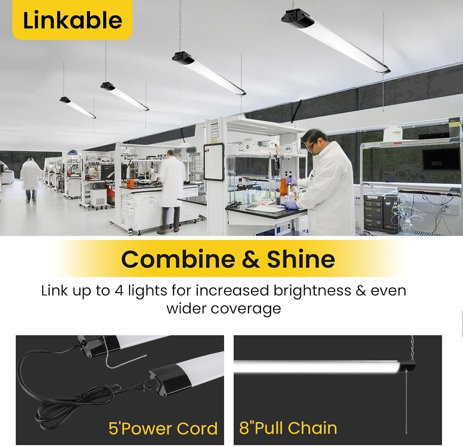 Paby 4FT LED Shop Light, Premium Aluminum Housing, Linkable, 84W 4000K 10000LM for Workshop Basement Garage Warehouses, Hanging or FlushMount, Power Cord and Pull Chain, ETL, Black, 2 Pack