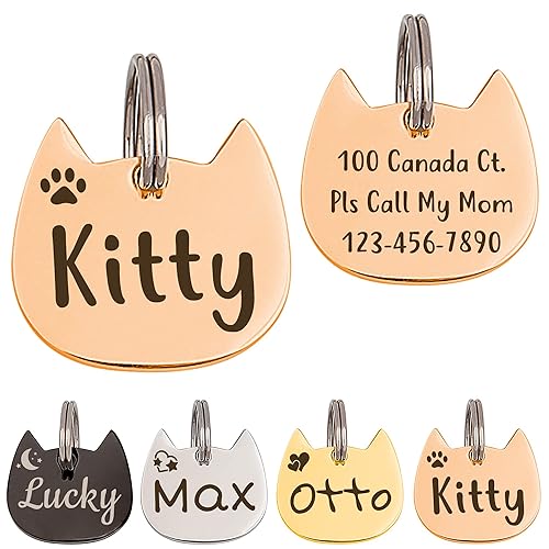Anavia Cat Head & Fish Shape Pet ID Tags, Personalized Funny Icon Design Cat Name Tag, Customized Gold Plated Glossy Stainless Steel Black Rainbow
