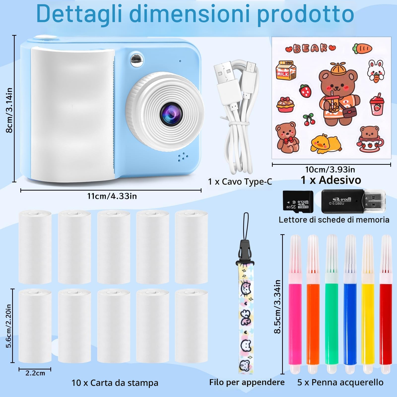 Fotocamera Digitale Istantanea con Carta da Stampa & Scheda TF 32G, Videocamera con Penne Colorate per Fai Da Te Cappelli Costume Accessorio Costume