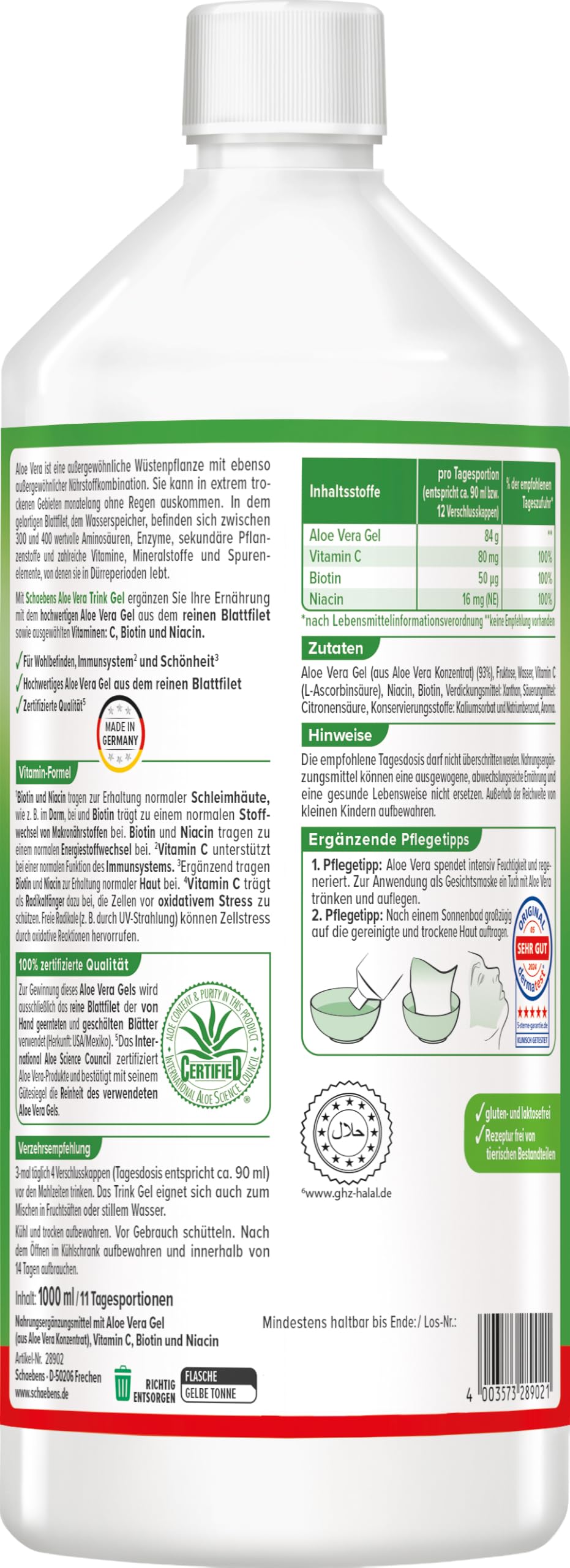Schaebens Aloe Vera Trinkgel 1 l, angenehm fruchtig-zitroniger Geschmack mit Vitamin C, Biotin & Niacin, vegan, glutenfrei, laktosefrei