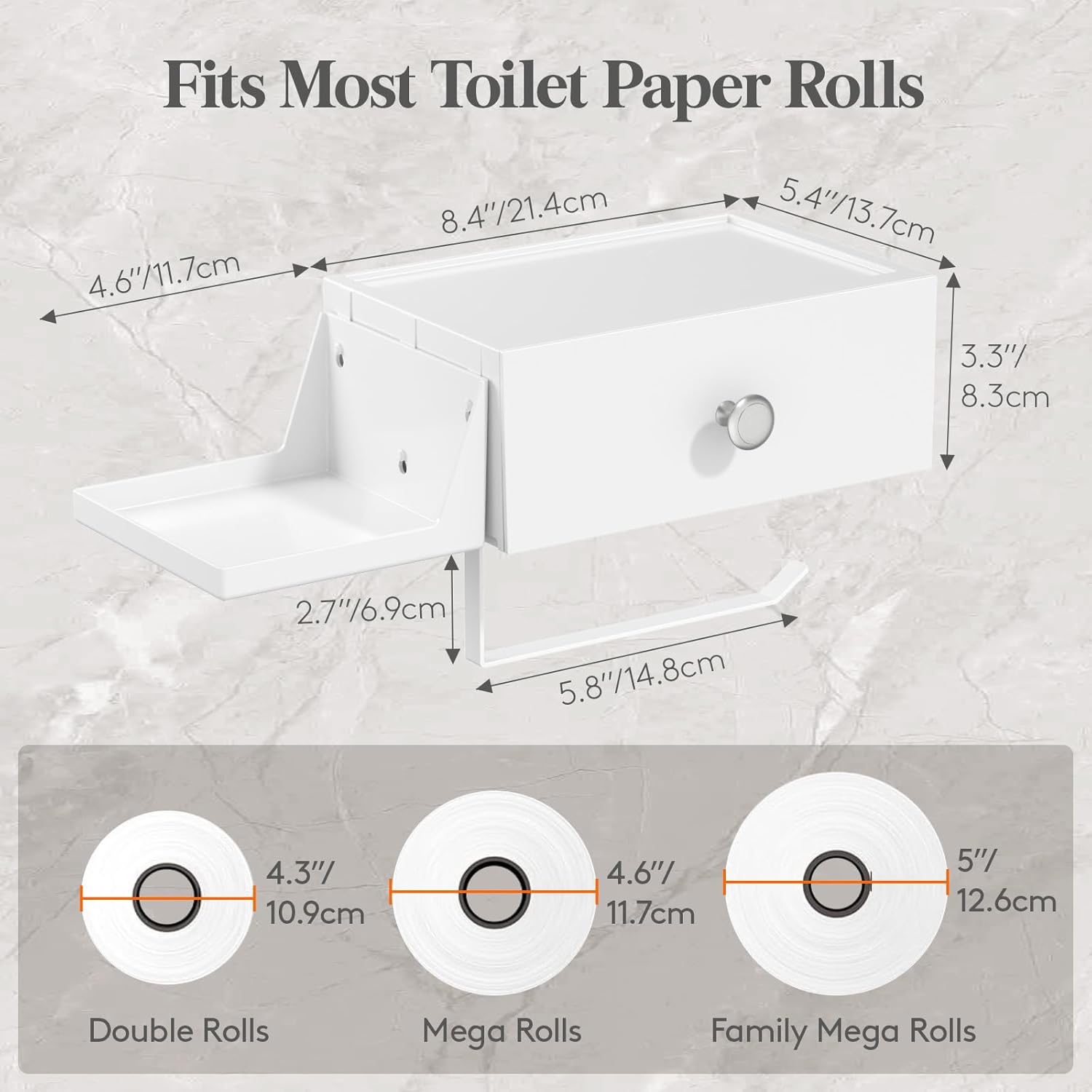 Lifewit Toilet Paper Holder with Shelf and Drawer, Screw or Adhesive Wall Mount Tissue Roll Storage, Dustproof & Flushable Bathroom Wipes Dispenser Organizer, White, 2 Pack