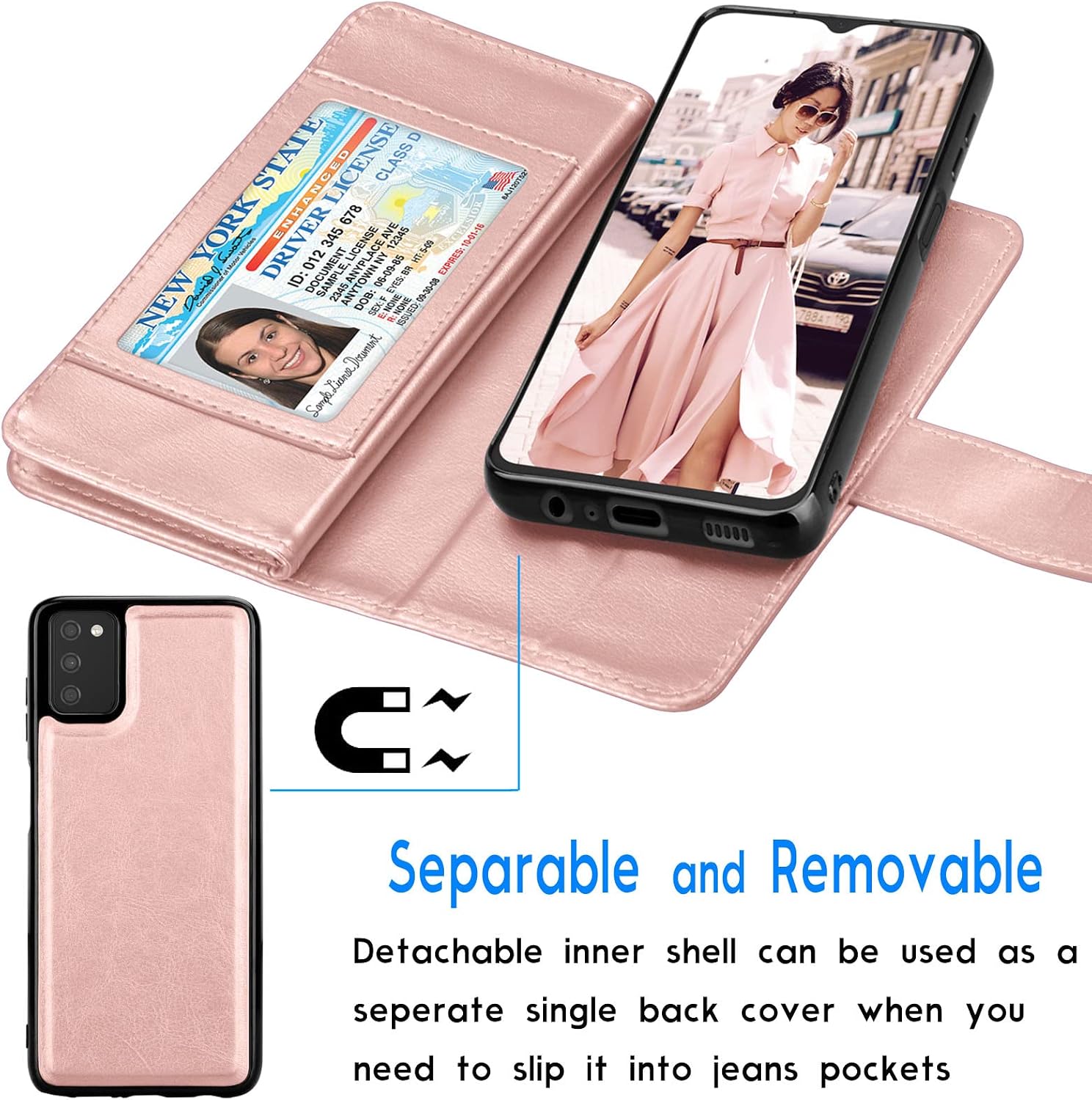 Tekcoo Galaxy A03S Case, [US Version] Galaxy A03S Wallet Case, Luxury PU Leather Cash Credit Card Slots Holder Carrying Flip Cover [Detachable Magnetic Case] Kickstand for Samsung A03S [Rose Gold]