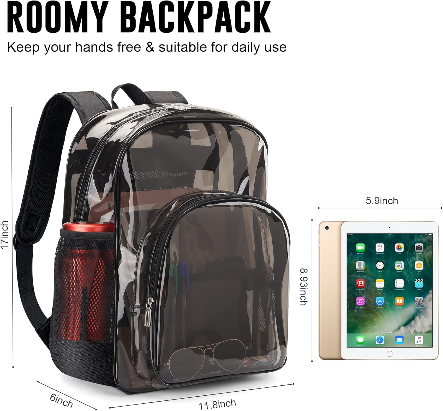 TPU Clear Backpack, Stadium Approved Large Clear Backpack, See Through Transparent Backpacks with Reinforced Strap for Stadium, Security, Work, Travel, College, Sporting Events, Concert - Image 2