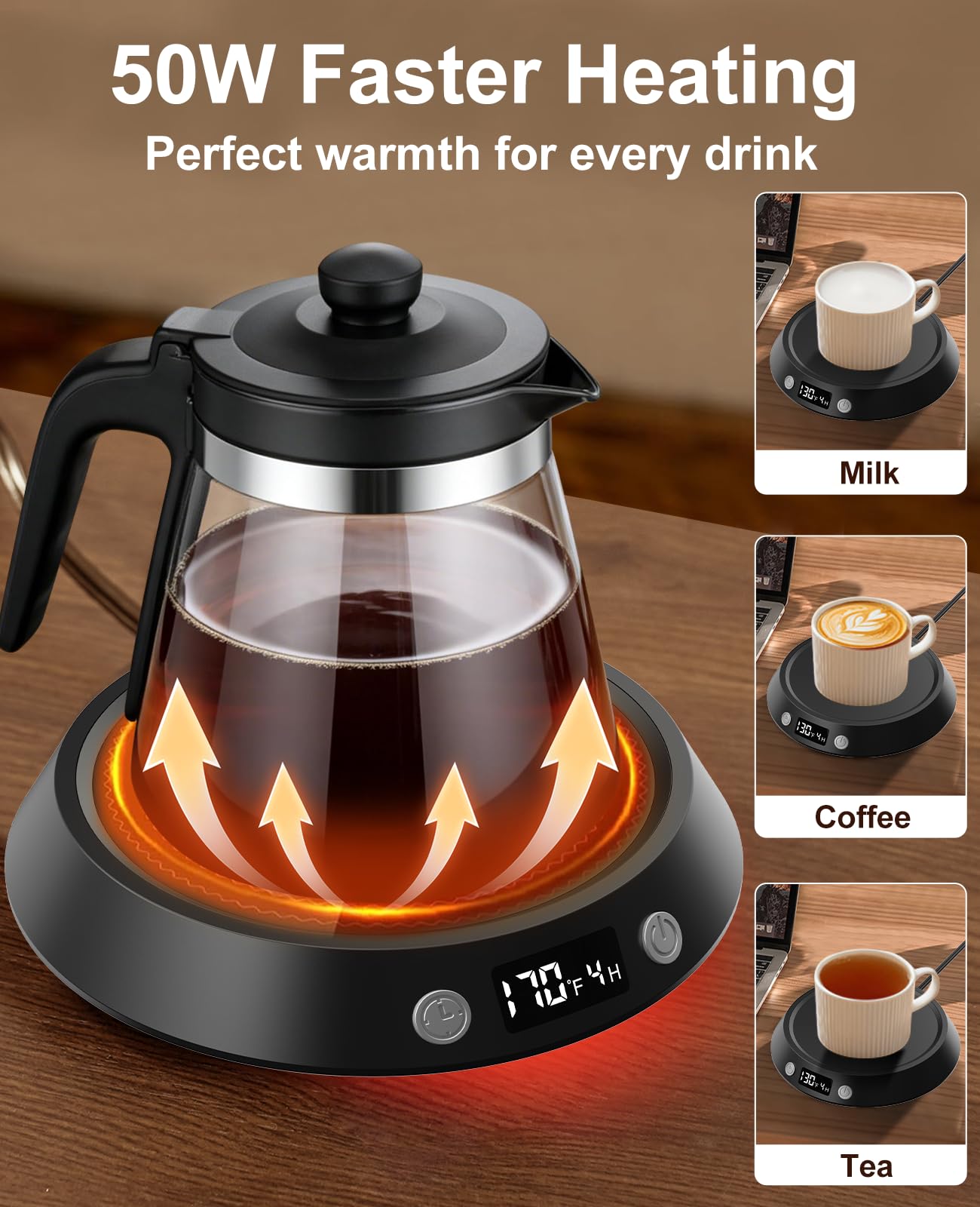 Kepwam - Plato grande para calentar velas con apagado automático de 4 horas, calentador de tazas de café para computadora con calentador de café de 3 temperaturas, calentador de tazas, calentador de
