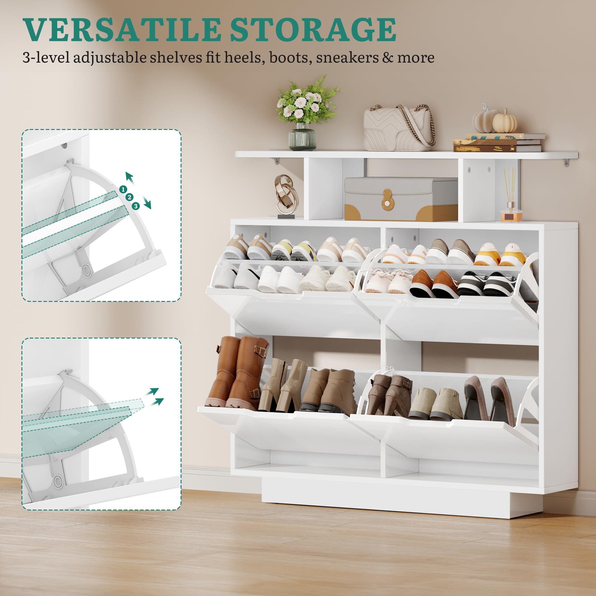 YITAHOME Schuhschrank Schmal Hochglanz mit 4 Klappen, 120 x 24 x 106 cm für 16-24 Paar, Schuhschrank Weiss, Schuhkipper, Schuhkommode im Flur, unterschiedliche Fachhöhen (37/43 cm), Platzsparend