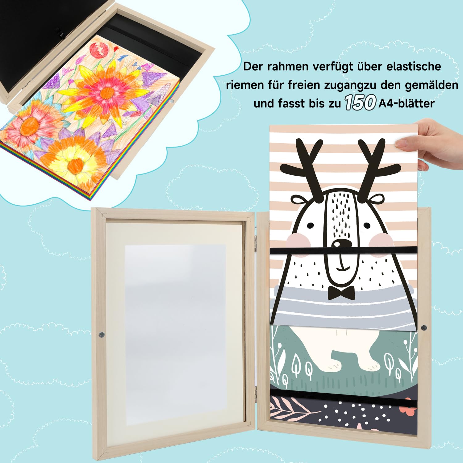 2 Stück Bilderrahmen für Kinderzeichnungen, A4 Befüllba Kunstfotorahmen für Kinder, Kinder Kunst Bilderrahmen, Frontöffnung Bilderrahmen für Kunstwerke (Holzfarbe)