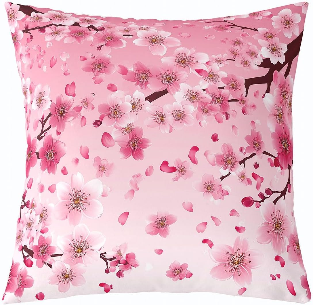 jejeloiu Cherry Blossoms Pillow Cases Cushion Covers 18"x18" Set of 4 Japanese Style Pillow Cases Cushion Covers Sakura Flower Throw Pillow Covers Gradient Pink Decorative Throw Pillowcases for Kids