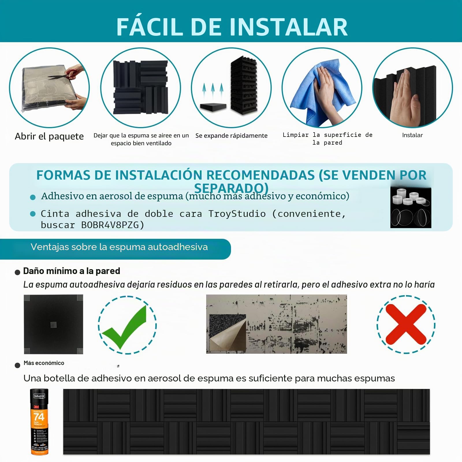 BXI Paneles de espuma acústica gruesa de 12 x 12 x 3 pulgadas en patrón de difusión, 12 difusores de espuma de absorción de sonido de alta densidad, azulejos acolchados de pared 3D insonorizados para