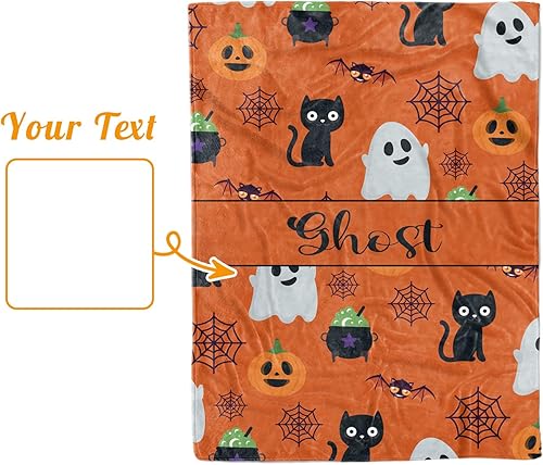Miniatura 8 de Manta de Halloween personalizada, nombre personalizado con diseños de dibujos animados de Halloween, manta de franela de felpa suave con respaldo