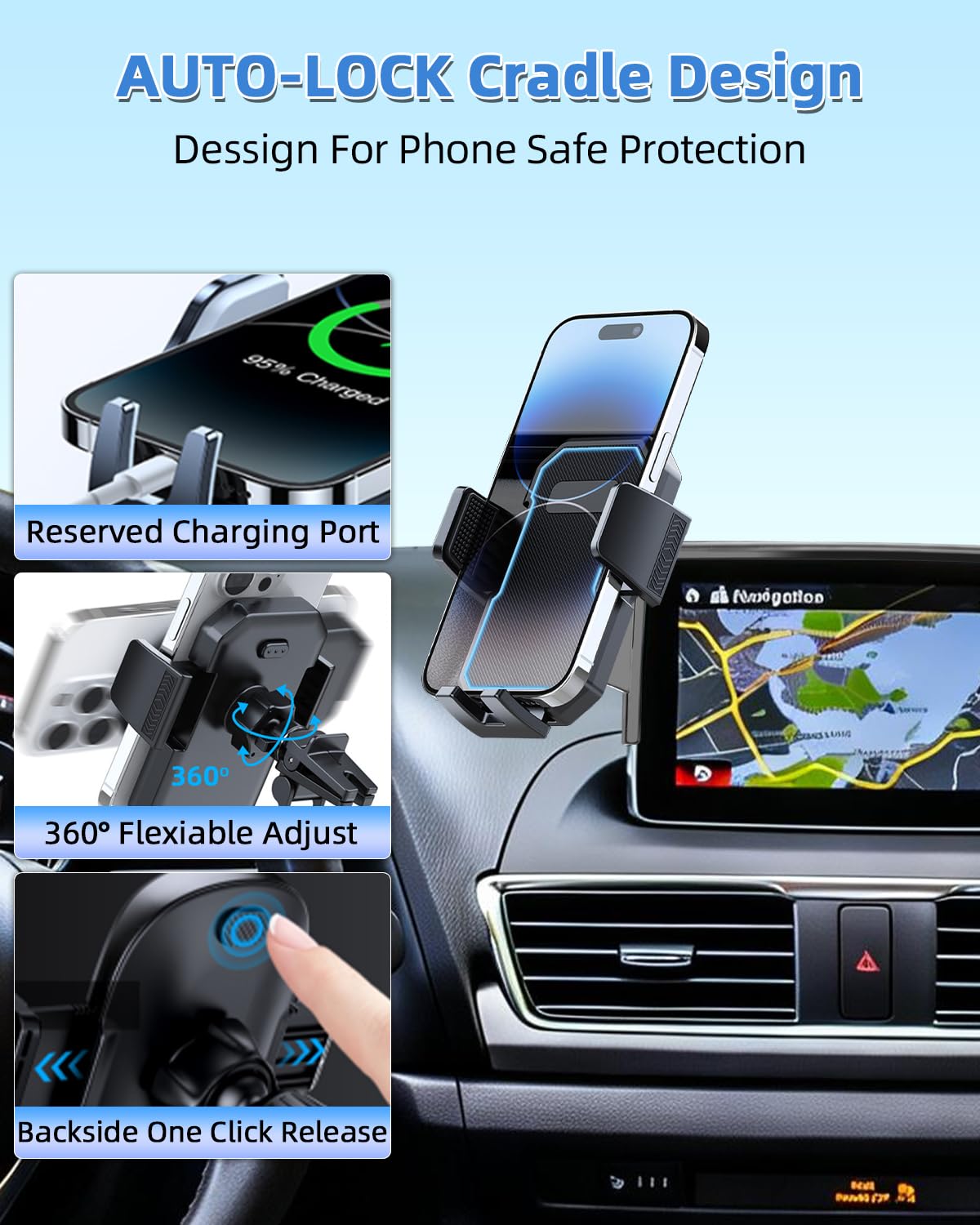Samochodowy uchwyt na telefon do Mazda CX-3 2016 2017 2018-2020 2021 / Mazda 3 2014 2015 2016 akcesoria ekran 7-calowy automatyczny zamek obracany o 360° uchwyty na telefon automatyczny zamek