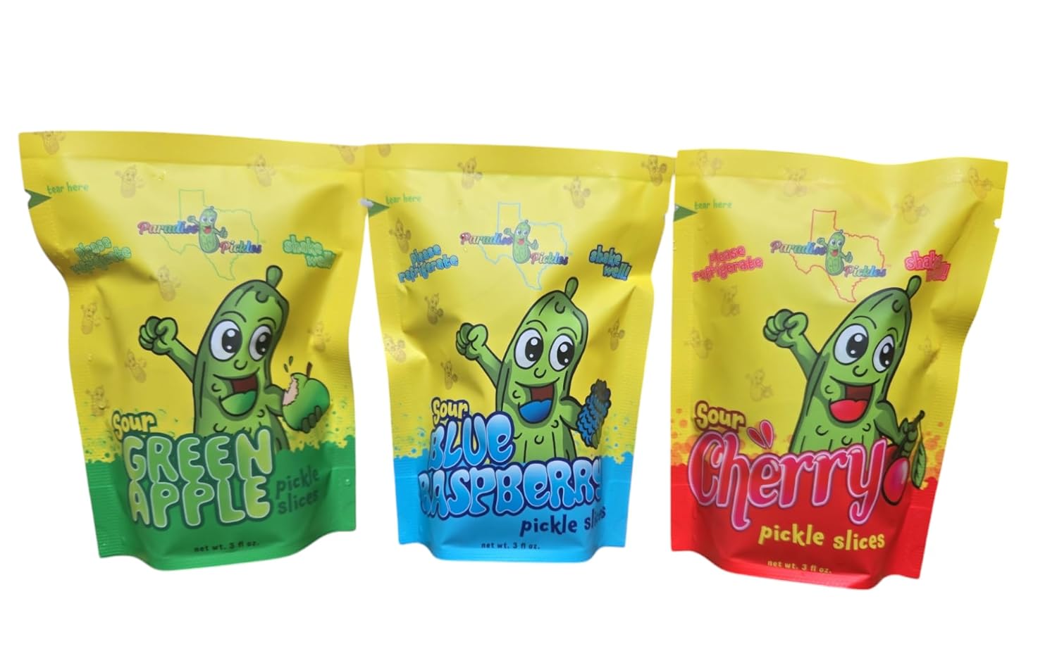 Paradise Pickles Sour Flavor Pack, Blue Raspberry, Green Apple, Cherry Pickle Slices, 3 fl oz Each