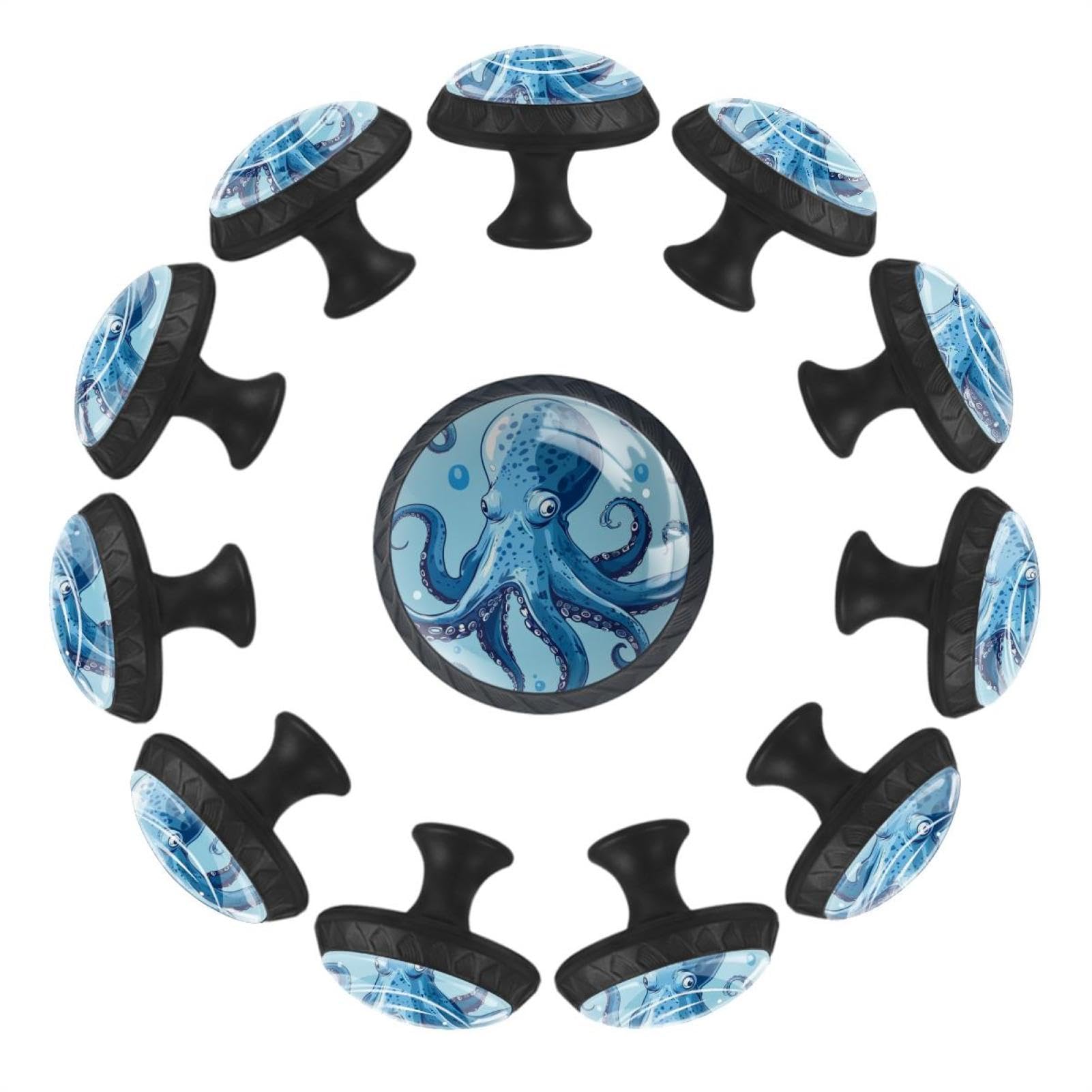 Boutons d'armoire ronds design pieuvre bleu, quincaillerie décorative de meuble