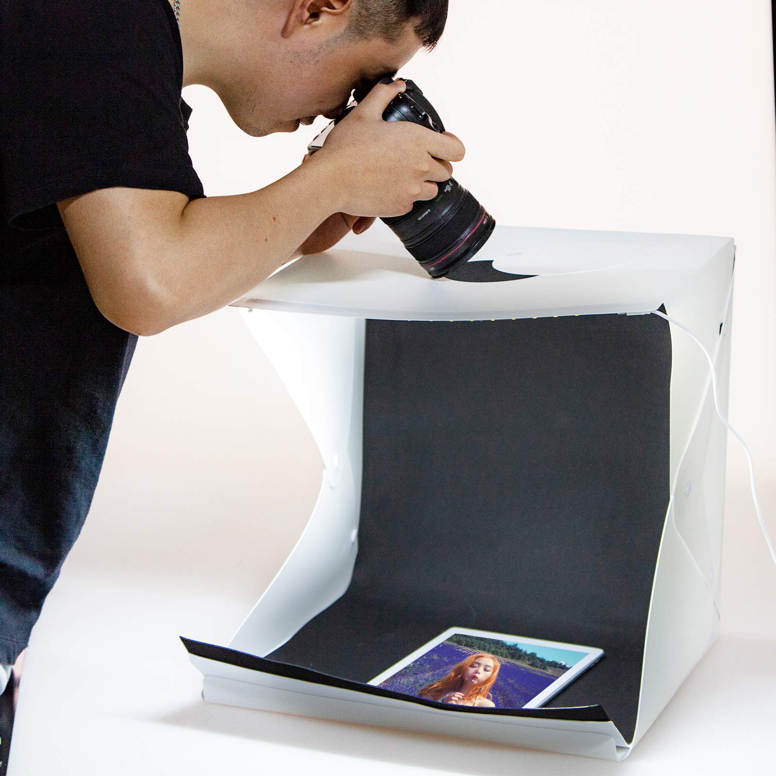 Mini Studio Photo Boîte à Lumière LED Lightbox Cube Lumineux 40x40cm Tente de Shooting Pliant Portable avec Fond Noir/Blanc pour Bijoux, Jouets, Montres Photographie etc