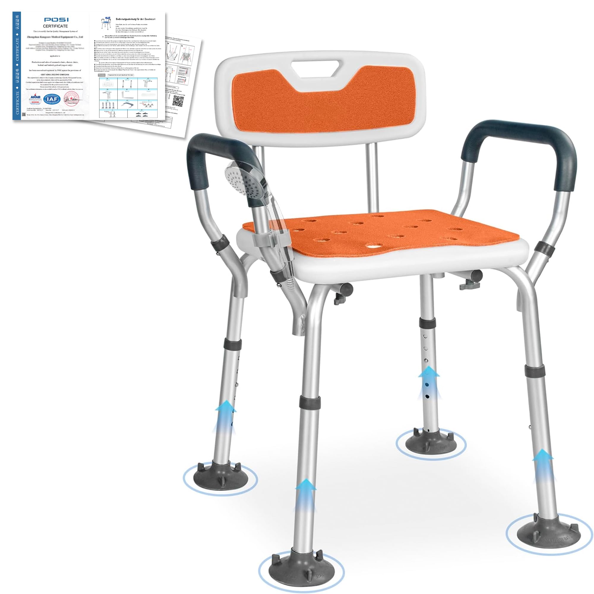 OUUTMEE Silla de ducha con reposabrazos y respaldo desmontable, antideslizante, taburete de ducha regulable en altura con 6 posiciones, asiento de ducha para personas mayores, color naranja