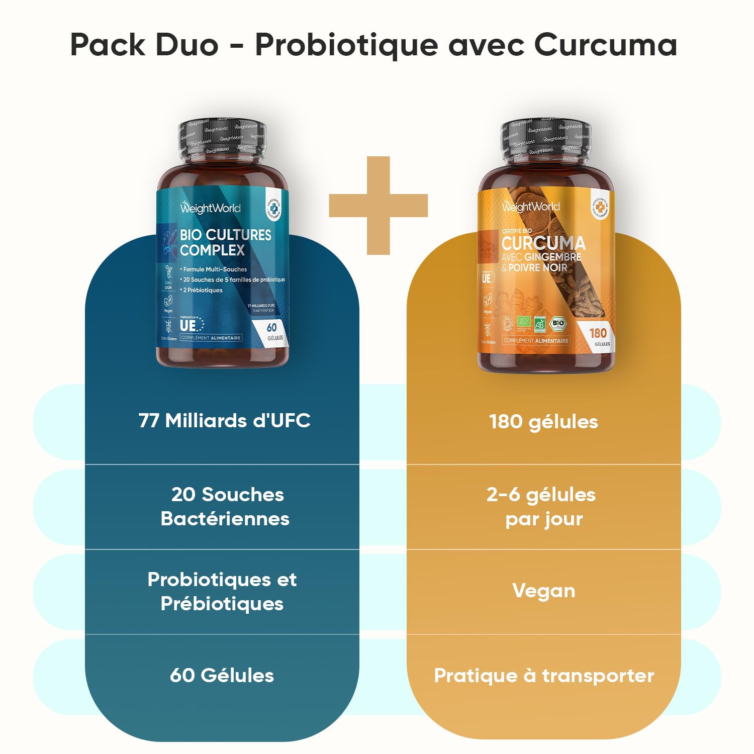 Duo Complémentaire - Curcuma avec Probiotique - Complexe avec 77 milliards d'UFC par portion (20 souches), Probiotiques et Prébiotiques (FOS et Inuline) 60 Gélules - Curcuma Bio 180 Gélules Vegan