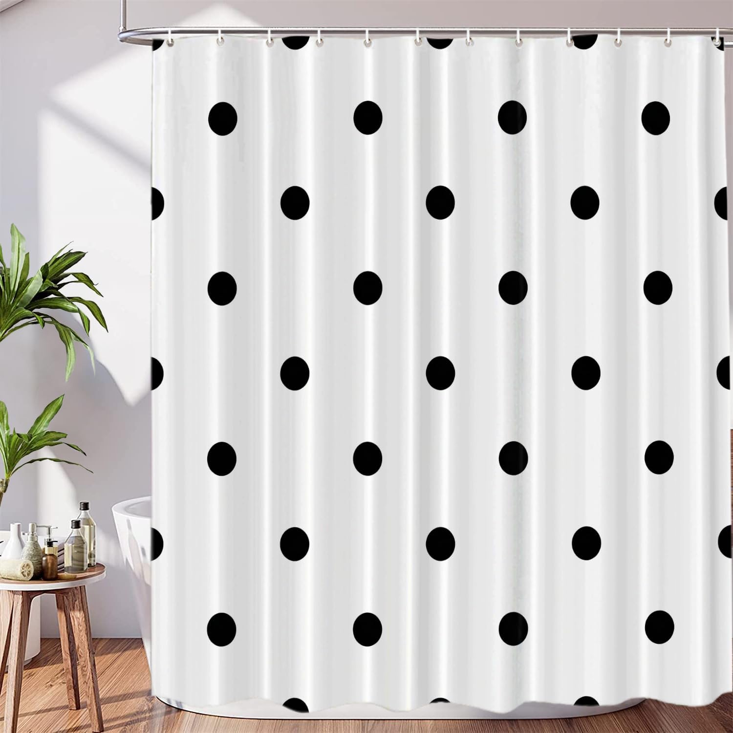 Black Polka Dot Decor Shower Curtain Set,Black Polka Dot On White Polyester Shower Curtain for Shower Stall Bathroom Waterproof with 12 Hooks 72x72 Inch