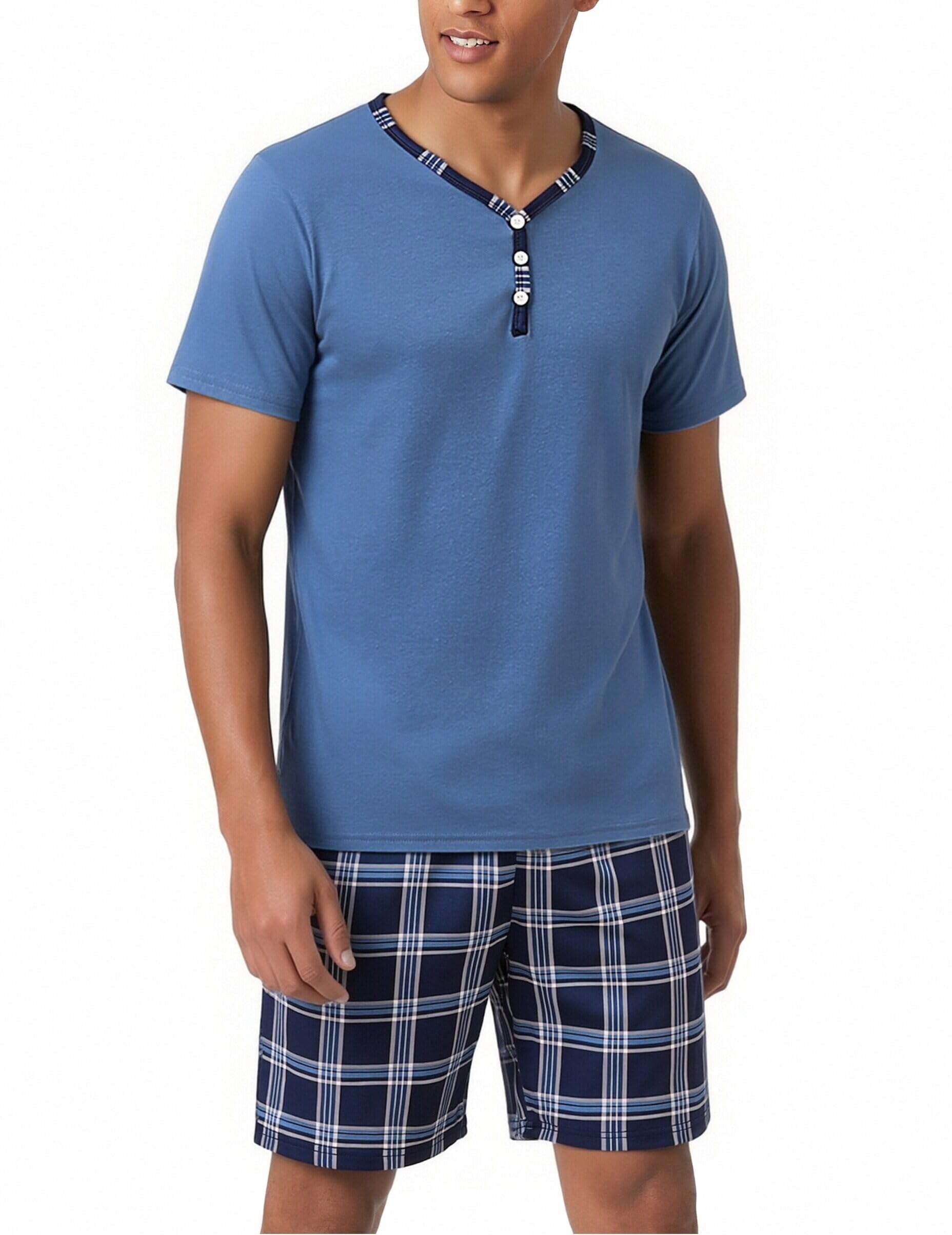 Irdcomps Schlafanzug Herren Kurz Pyjama Shorty Baumwolle Karierter Sommer