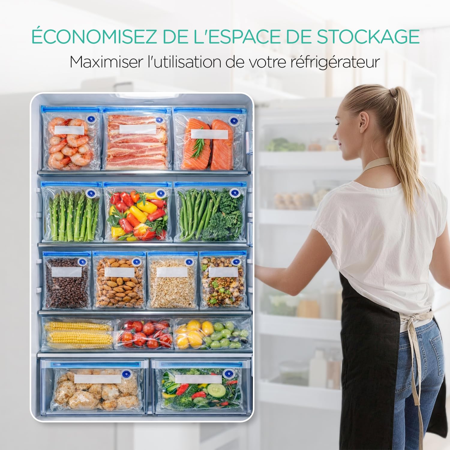 VOYOR Kit Envasadora al Vacío de Mano + Bolsas Reutilizables VS212 (21 Uds, 3 Tamaños)