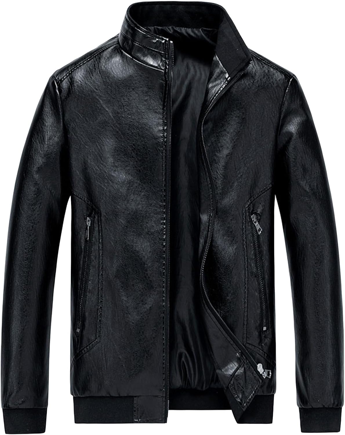 Men's Oversized Leather Jacket Zip Pocket Biker Lightweight Outwear Male Casual Stand Collar Faux Leather Jacket