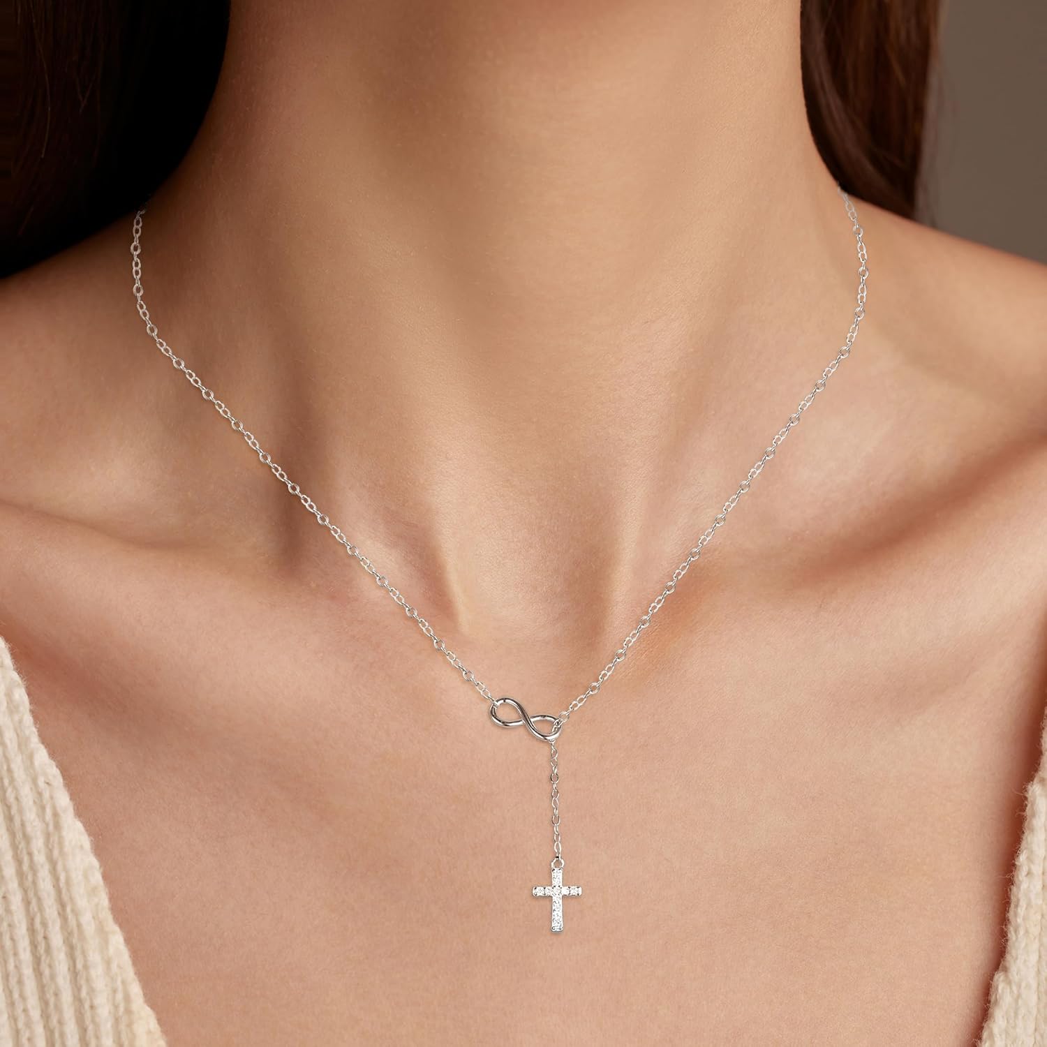 SUYACS 925 Sterling Silver Cross Infinity Necklaces for Women 18K Gold Plated CZ Lariat Pendant Necklace Dainty Y Christian Faith Chain Necklace Religious Easter Christmas Baptism Gifts for Mom - Image 3