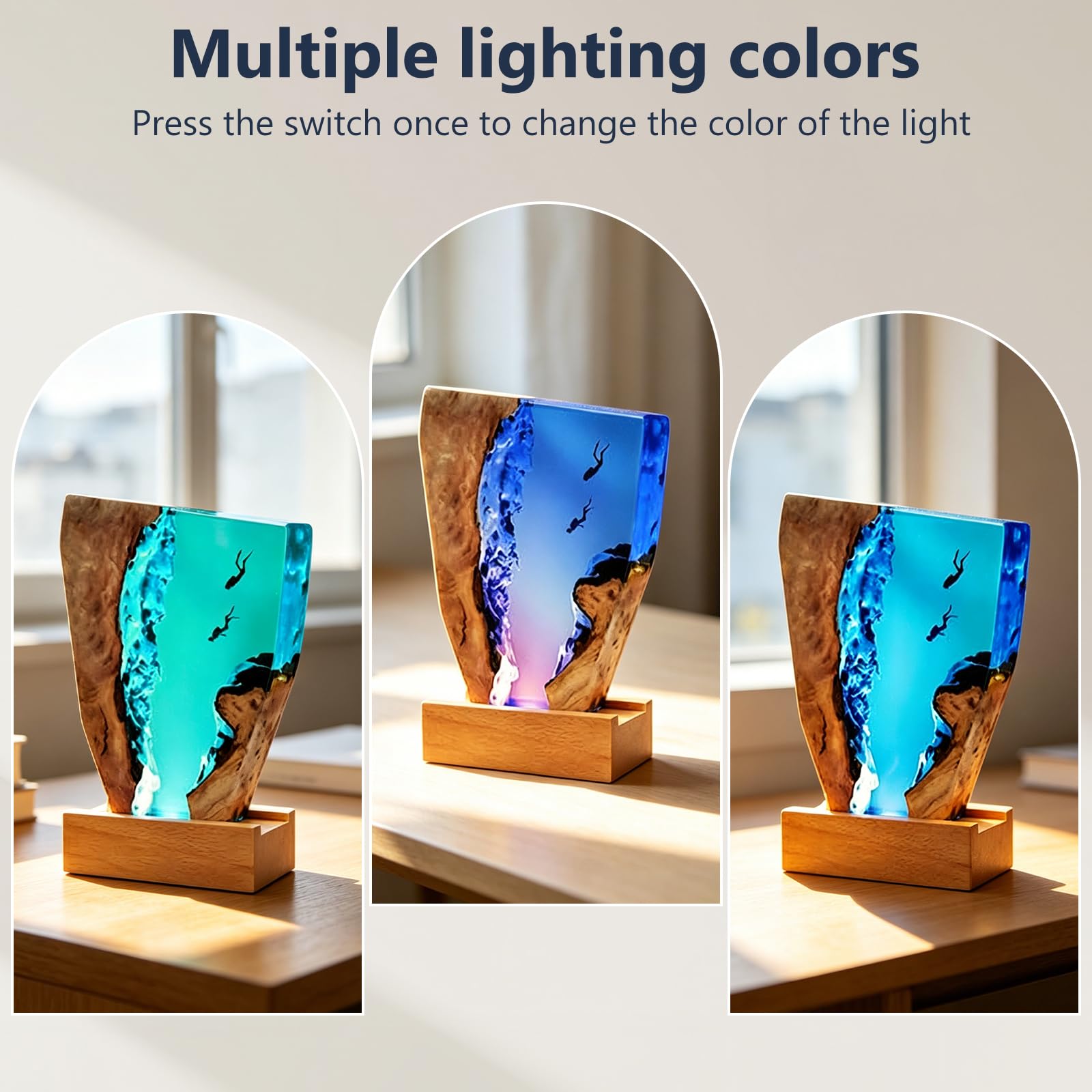 Lampka nocna, statuetka morska, dekoracja, lampa 3D, żywica epoksydowa, ocean, lampka nocna z kablem USB i drewnianą podstawą, do domu, biura, dekoracja na Boże Narodzenie, 18 x 11