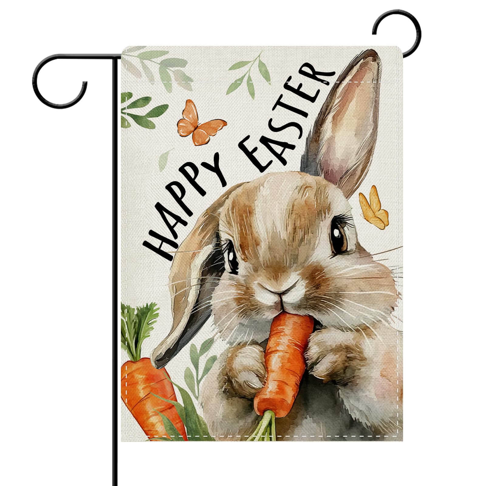 Dyrenson Happy Easter Bunny Decorative Garden Flag, Cute Rabbit Carrot Yard Outside Home Decorations, Spring Butterfly Burlap Outdoor Small Decor Double Sided 12 x 18