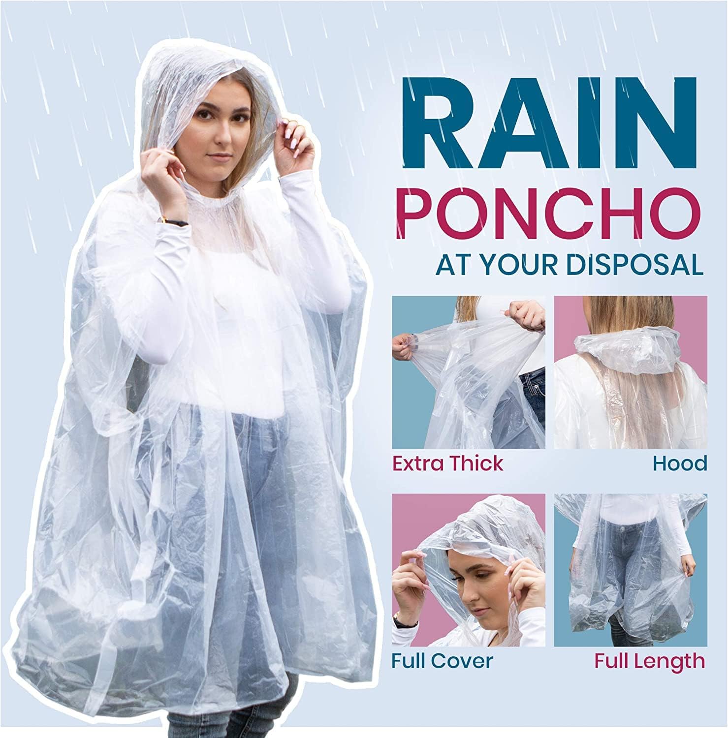 Noe & Malu 20-Pack Emergency Disposable Rain Ponchos for Adults – 100% Waterproof with Hood | Clear Lightweight Unisex Raincoats for Camping, Hiking & Travel - Image 3