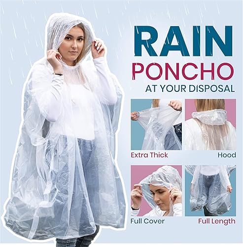 Miniatura 3 de Paquete de 20 ponchos de lluvia desechables de emergencia para adultos, 100% impermeables con capucha, impermeables unisex transparentes y ligeros