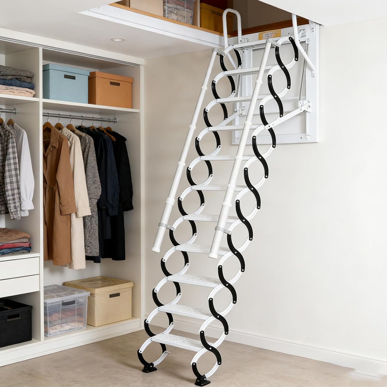 Wall-Mounted Folding Stairs, Folding Loft Staircase with Handrails,Telescoping Attic Ladder with Pull Down System, 11 Steps Attic Stairs, Home Indoor Outdoor Attic (Black - White, 12 Steps)