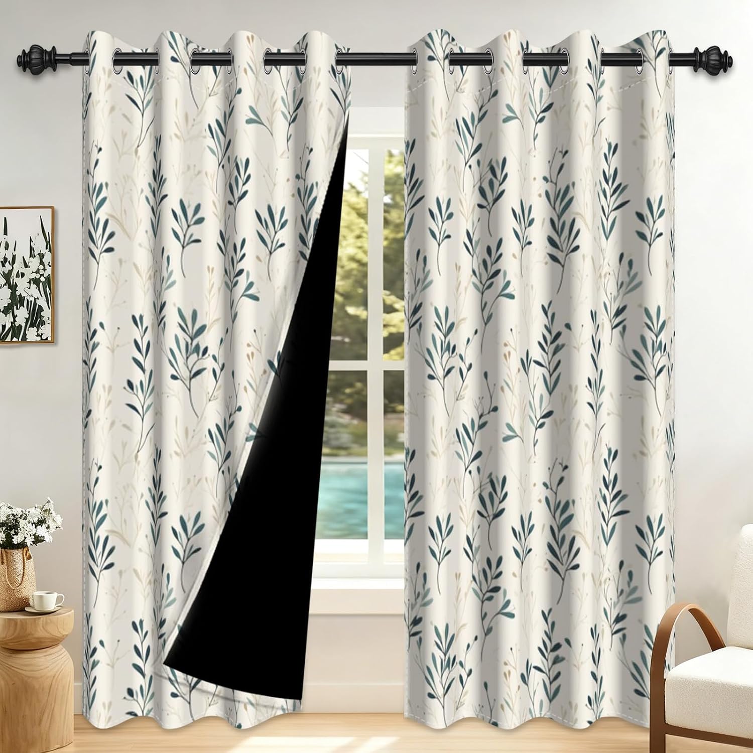 Leaf Black Out Curtains 84 Inch Long, White Leaves Patterned Blackout Curtains 84 Inch Length 2 Panels Set for Bedroom, Living Room, and Dining Room