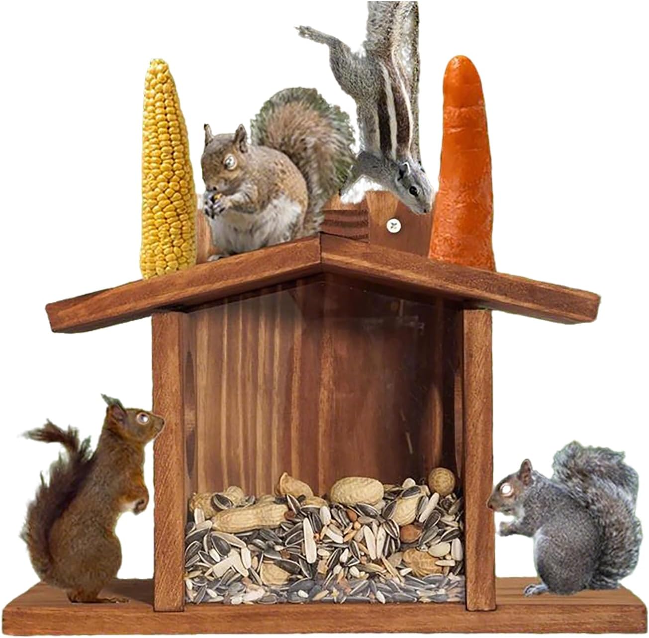 Large Squirrel Feeder House for Outside, 5 Lbs High Capacity Wooden Squirrel Feeder with Clear Window, Weather-Resistant Wild Bird & Squirrel House with Hinged Roof